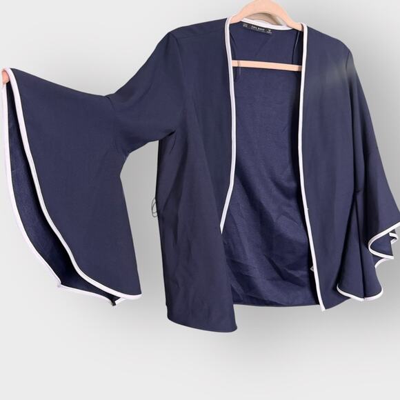 Zara Navy Bell Sleeve Wrap Blouse Blazer with White Trim, Medium - Picture 2 of 11